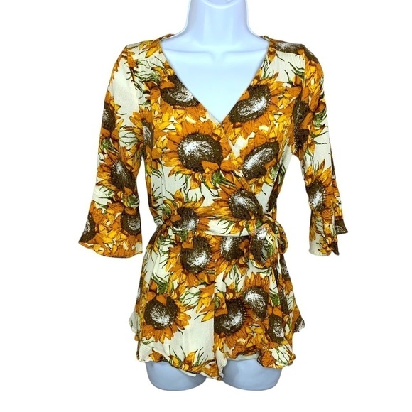Entro Sunflower Print Romper Womens Small Stretch Floral Colorful Summer Ruffle - Picture 1 of 12